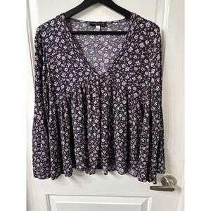 Women's Bell Sleeve Crinkle Rayon Babydoll Top Final Touch Medium Boho V-Neck